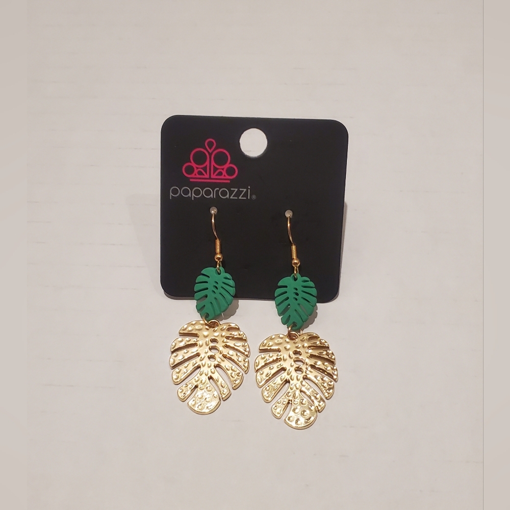 Paparazzi Gold and Green Tropical Leaf Earrings